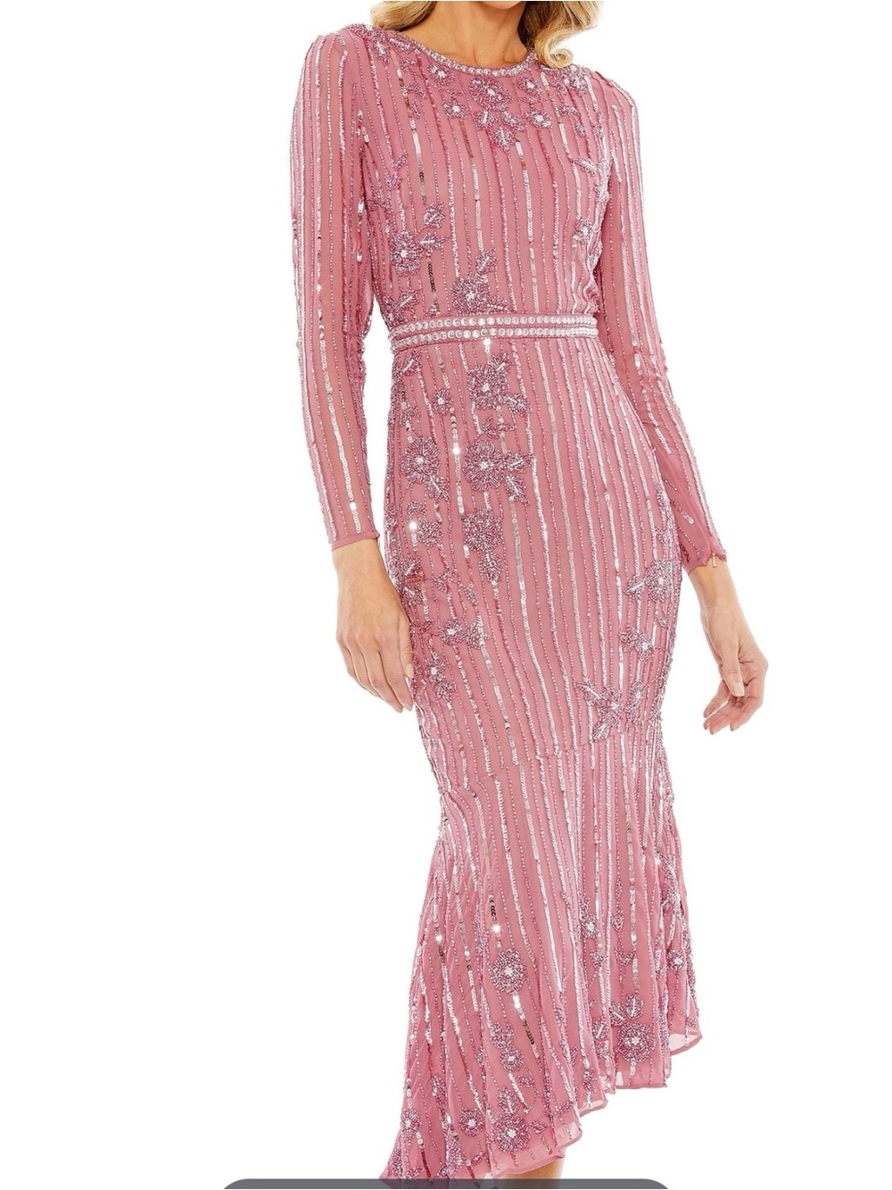 Mac Duggal Rose Pink Beaded Long Sleeve Evening Gown